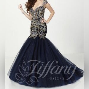 Tiffany Designs Elegant Navy and Gold Dress